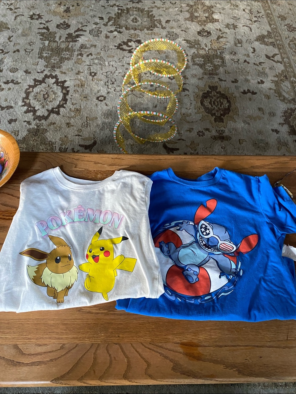 Pokemon Pikachu & Eevee White Tee + Blue Stitch Graphic Tee